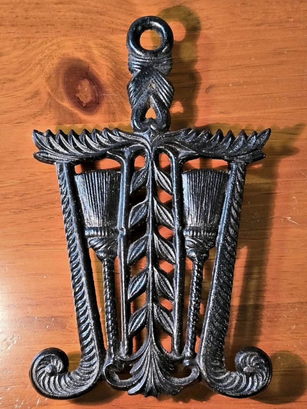 Vintage Cast Iron Wilton Grain and Tassel Broom Trivet Black Farmhouse Decor